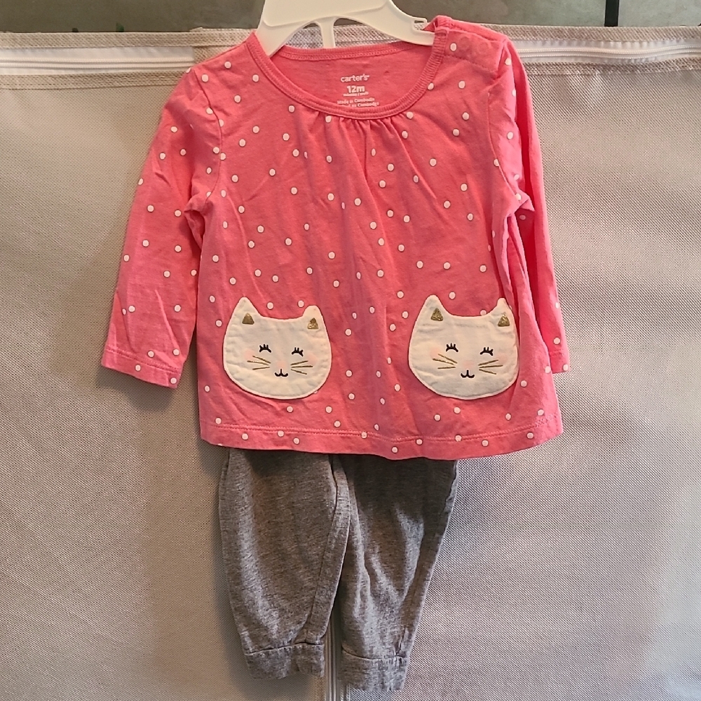 Carter's Cozy Pink and Gray Pajama Set with Cat Design